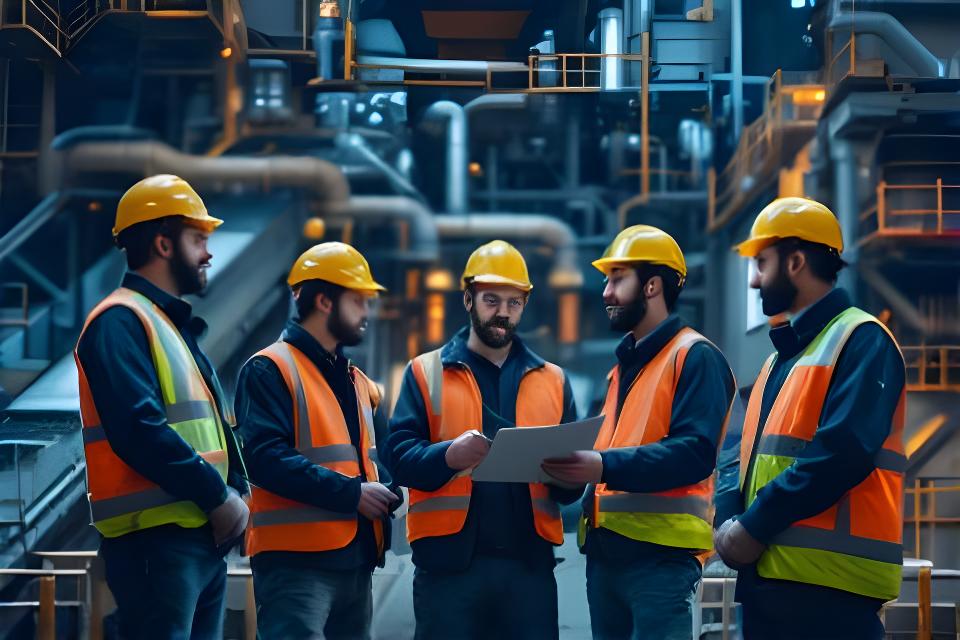 Equipo de trabajo en planta cementera revisando operaciones con cascos y chalecos frente a maquinaria industrial